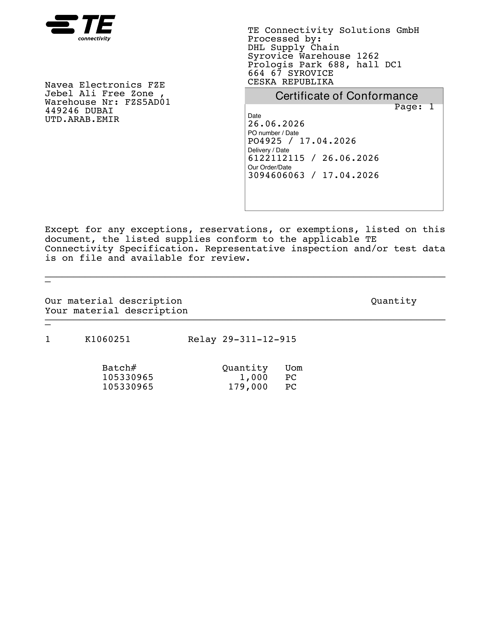Certificate of Conformance örneği