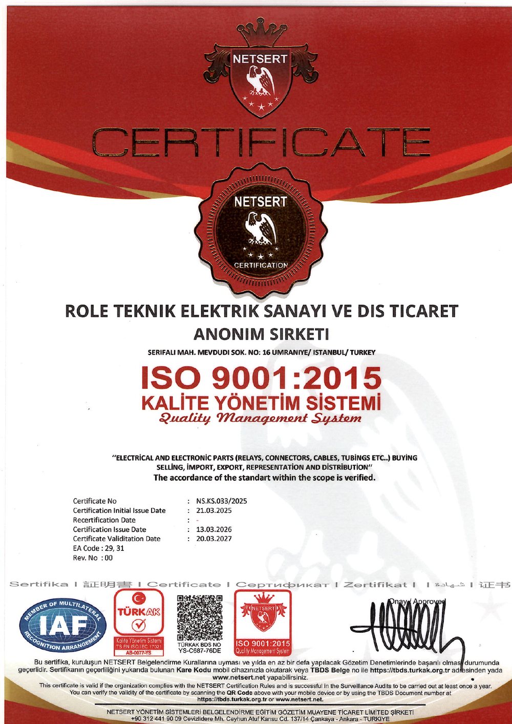 ISO 9001:2015 Sertifikası